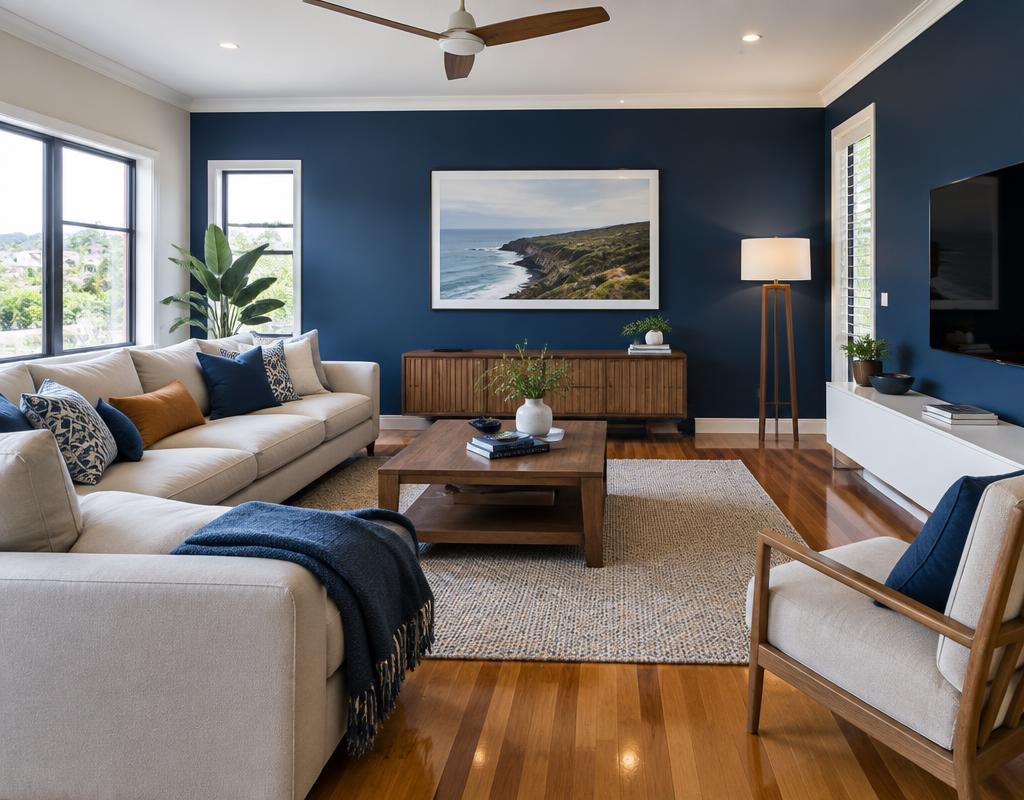 Living room with a deep green statement wall and crisp white trim